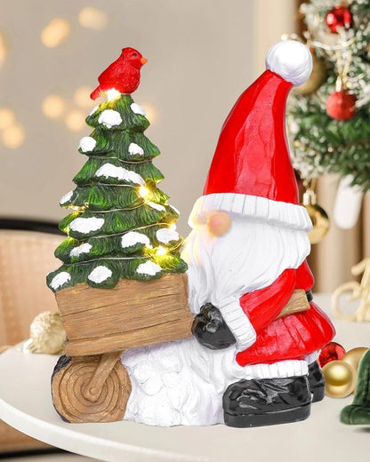 iStatue Santa Gnome Figurine - Lighted Mini Christmas Tree & Cardinal Decor - 9.5 Inch Holiday Tabletop Decor