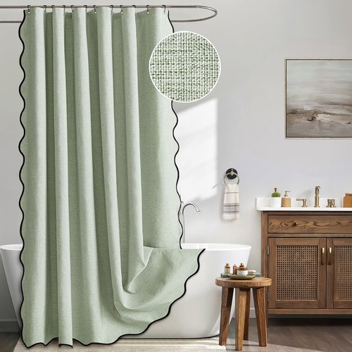 MIULEE Sage Green Scalloped Shower Curtain Linen Textured with 12 Metal Hooks Cute Heavy Duty Washable Waterproof Thick Cloth Spring Curtains with Black Border for Bathroom Hotel Bathtub,W72*L72