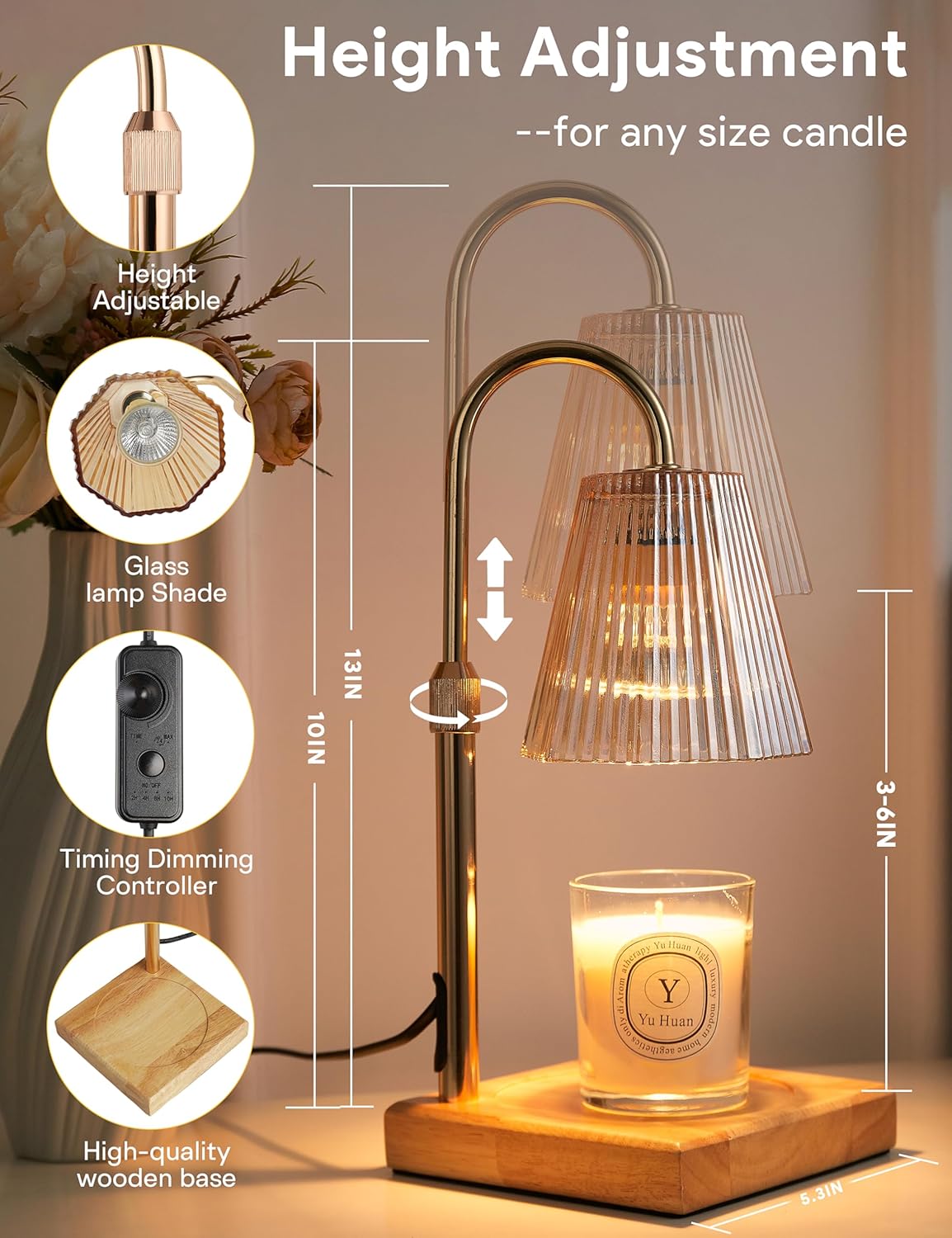 Skiennix Candle Warmer Lamp - Dimmable Home Decor with Timer & Adjustable Height | 2 Bulbs Included