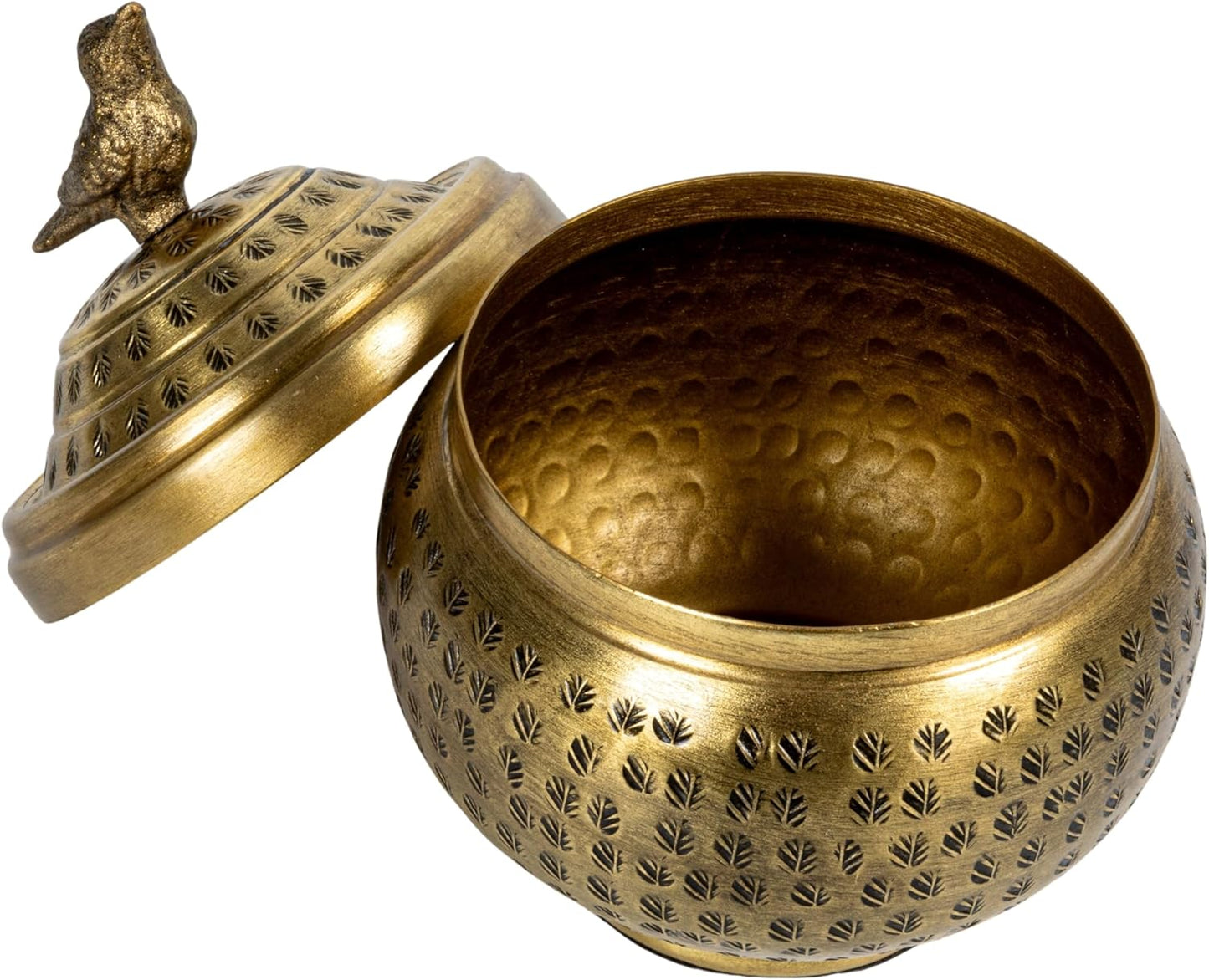 Regine Switzerland Round Hammered Metal Container - Elegant Bird Finial in Brass Finish