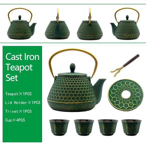 Cast Iron Tea Kettle Set, 33.8oz Hexagon Pattern Teapot Set with Cups, Teapot Coated with Enameled Interior, Durable Cast Iron Teapot Set with Stainless Steel Infuser