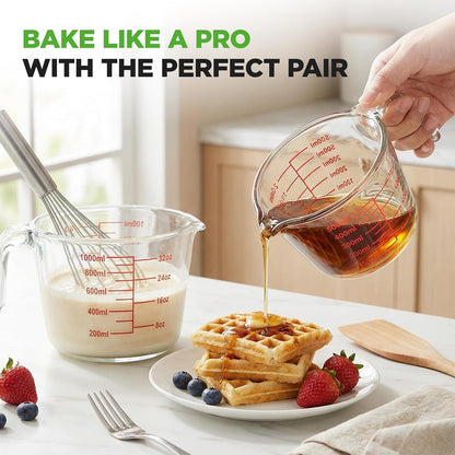 NutriChef Glass Measuring Cup Set - Heat-Resistant Borosilicate with Lids | 2 & 4 Cups (17 & 34 oz)