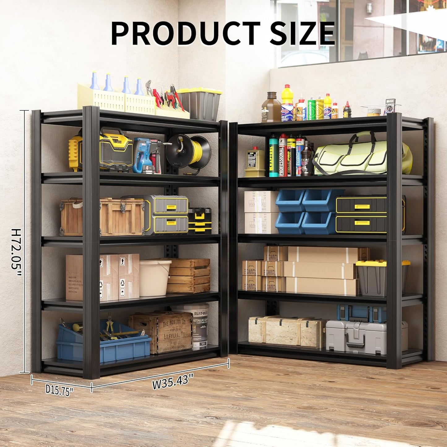 Regine Switzerland Heavy Duty Garage Shelving - 2500 LBS Capacity, Adjustable 5-Tier Metal Unit | 72"H x 35.4"W x 15.7"D