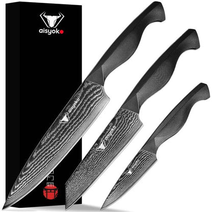 Aisyoko 8C Damascus Knife Set - 3PC Chef's Knife, Kitchen and Paring Knives, High Carbon Stainless Steel, Ergonomic Full Tang ABS Anti-Skid Handle