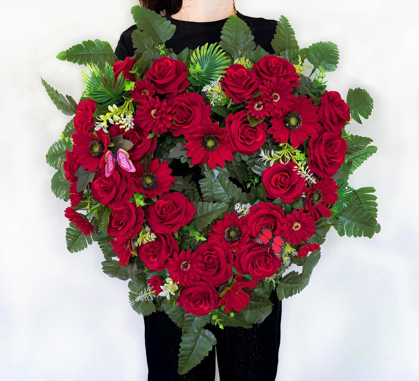 Regine Switzerland Cemetery Wreath - Heart-Shaped Memorial Floral with 30-Inch Easel Stand | Red Rose Design
