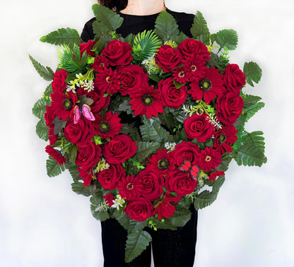 Regine Switzerland Cemetery Wreath - Heart-Shaped Memorial Floral with 30-Inch Easel Stand | Red Rose Design