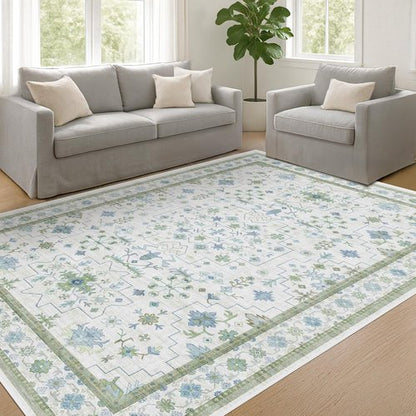 Hazo Haus Cream Oushak 7x9 Area Rug - Boho Floral Design in Cool Blue & Green, Washable Non-Slip