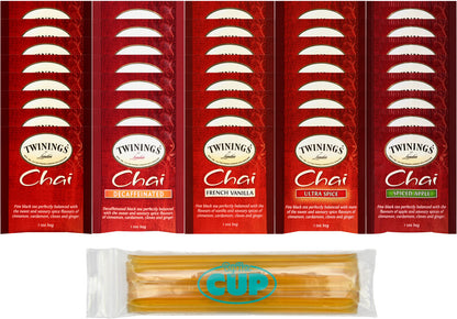 Twinings Chai Tea Bag Variety, 8 of each: Chai, Decaffeinated Chai, Ultra Spice, Spiced Apple, French Vanilla (Pack of 40) with By The Cup Honey Sticks