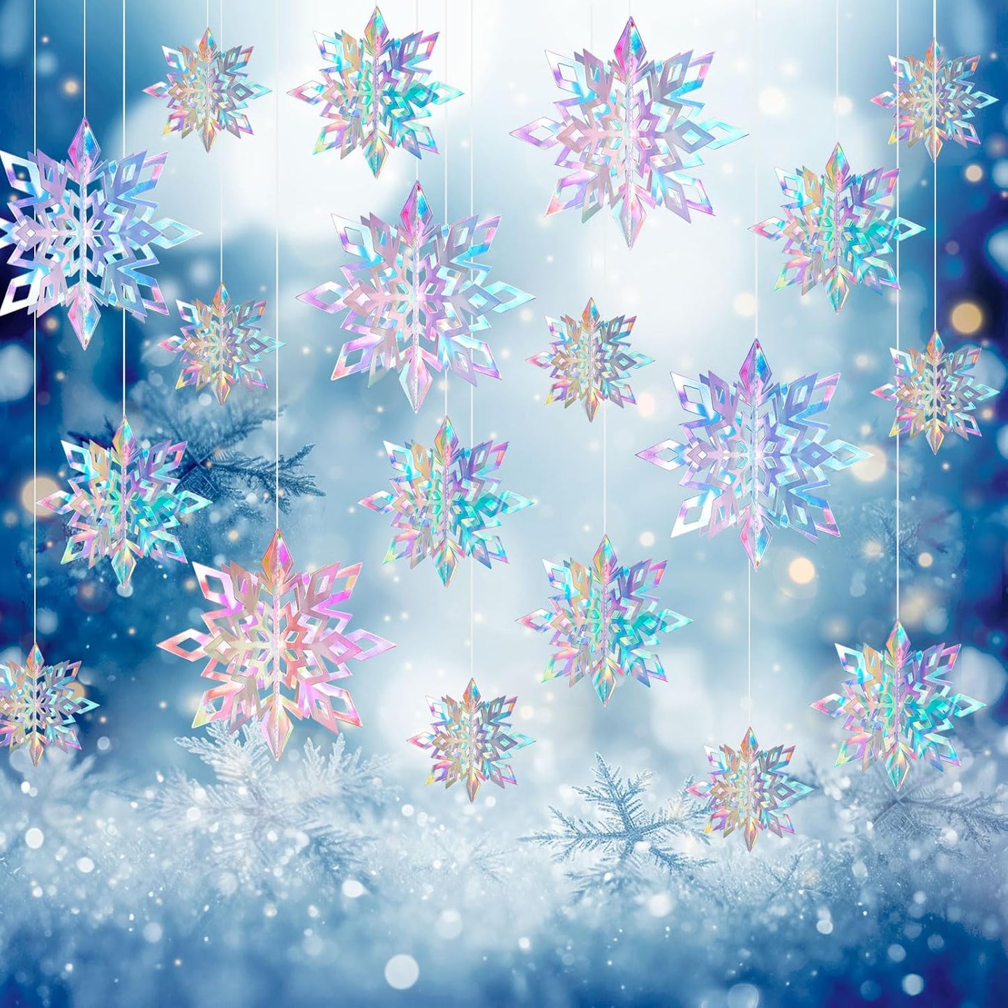 Skiennix 15PCS Christmas Hanging Snowflakes - 3D Iridescent Paper Ornaments for Winter Decor