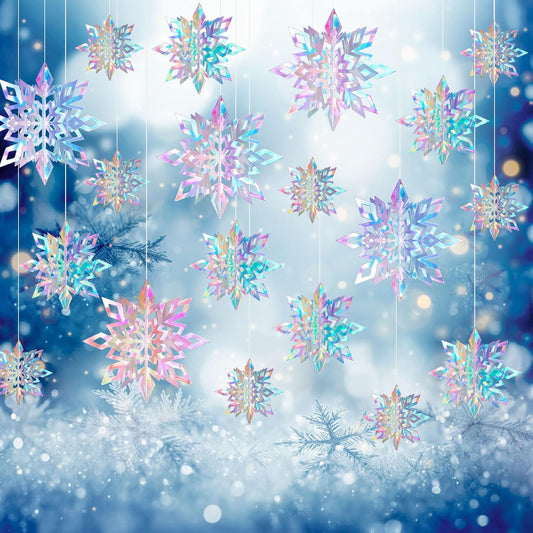 Skiennix 15PCS Christmas Hanging Snowflakes - 3D Iridescent Paper Ornaments for Winter Decor