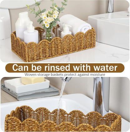 Scalloped Toilet Paper Basket - Handmade Water-Resistant Organizer in Natural Tan for Scandinavian Kitchens