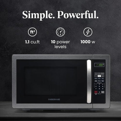 Farberware 1.1 Cu. Ft. Microwave Oven - 1000 Watts, Auto Cook, Defrost & Child Safety Lock | Stainless Steel