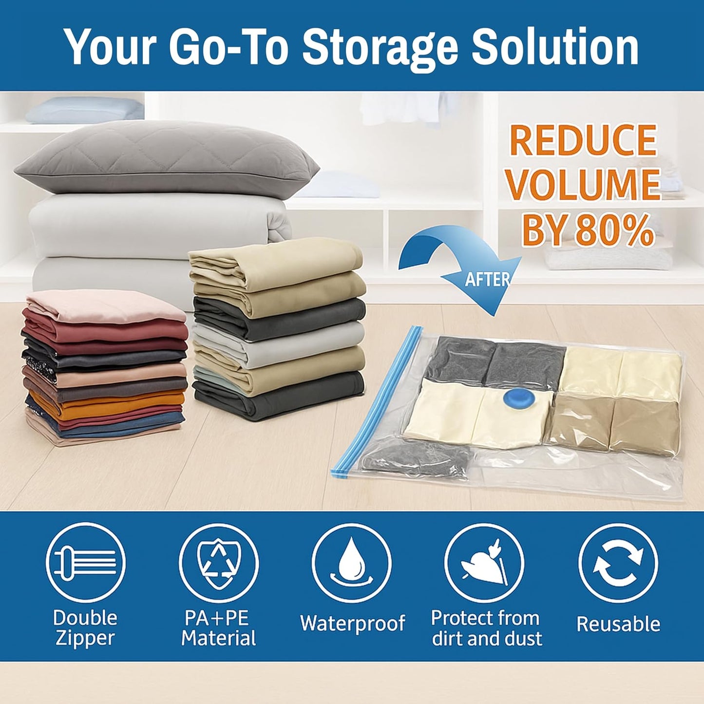 Skiennix Vacuum Storage Bags - 4 Pack Compression Bags with Hand Pump for Clothes & Jackets | Space Saver for Travel & Organization (2 Small & 2 Large)
