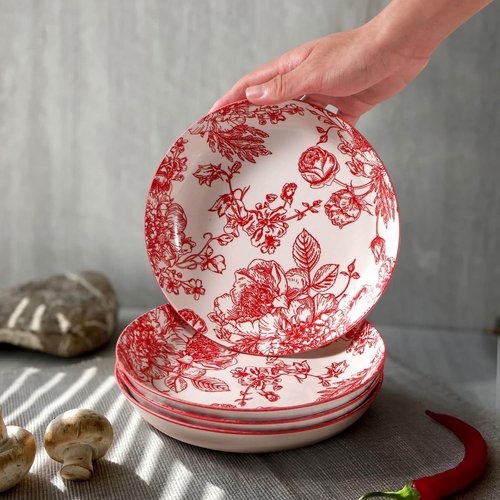 Artena Pasta Bowls Set of 4 - 26oz Porcelain Salad & Serving Bowls | 8-Inch Colorful Dinner Plates, Microwave & Oven Safe, Red Rose