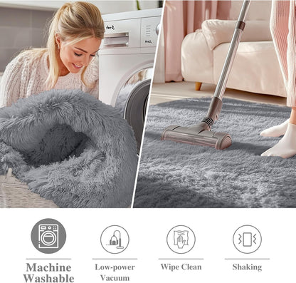 OLANLY Round Light Grey Area Rug - Soft, Fluffy, Machine Washable 4 ft Circle Carpet for Bedroom & Living Room
