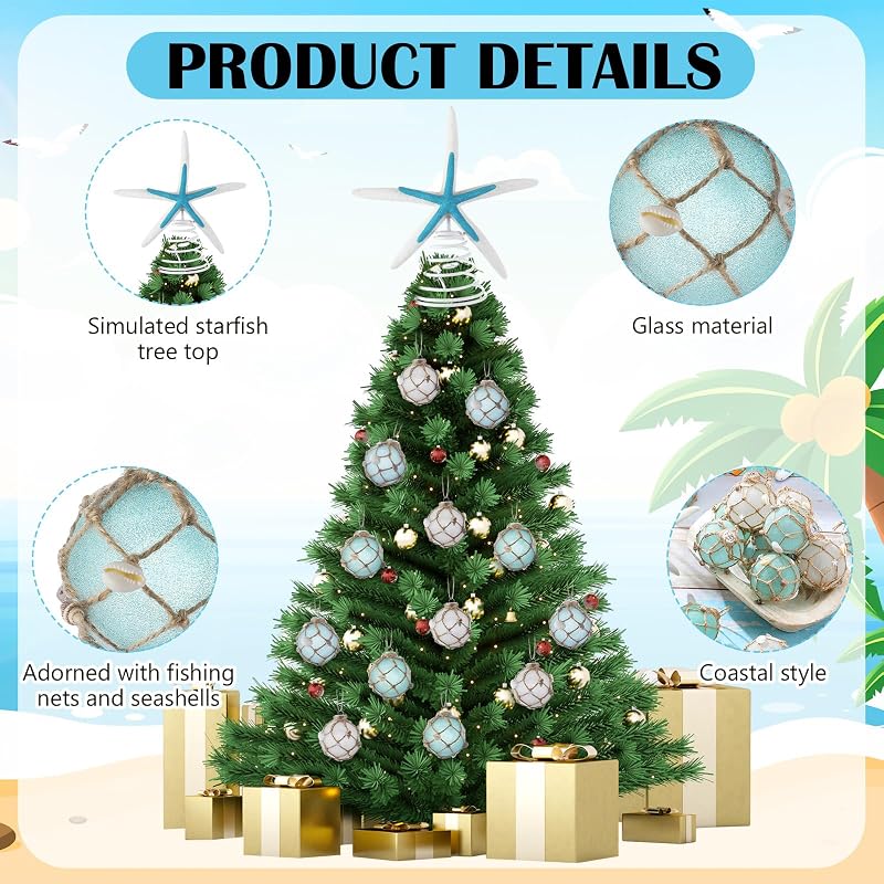 Coastal Christmas Tree Topper with 12 Glass Ornaments – Starfish & Seashell Beach Decor