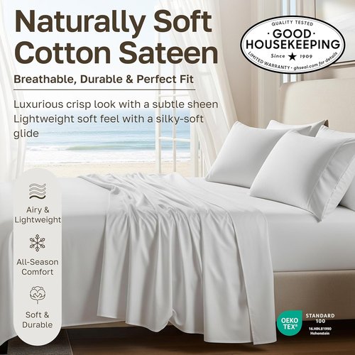 California Design Den King Size Sheets Set - 100% Natural Cotton, Soft Sateen Weave, Deep Pockets (White)