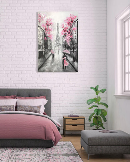YPY Abstract Paris Canvas Wall Art: Black White Eiffel Tower Hand Painted Oil Painting, Pink and Grey Picture Print Room Decor for Teen Girls Bedroom Bathroom 24" x 36"