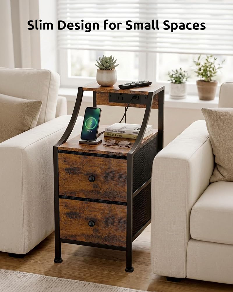 Narrow Nightstand with Charging Station - Rustic Brown - 11.8" Wide