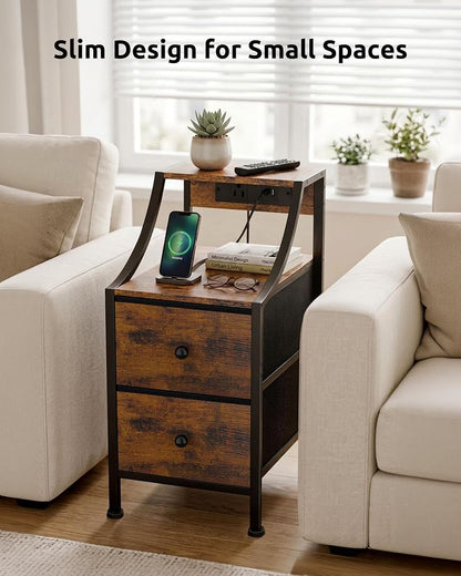 Narrow Nightstand with Charging Station - Rustic Brown - 11.8" Wide