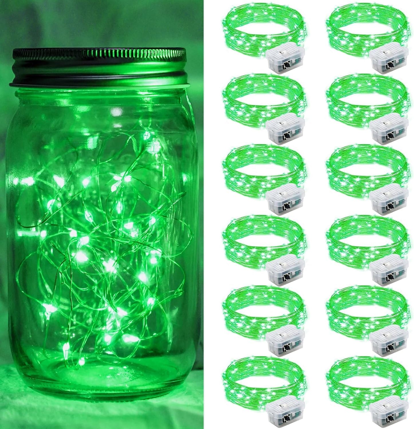 Skiennix 12-Pack Green Fairy Lights - 7Ft 20 LED Twinkle String Lights | Battery Operated & Waterproof for Halloween & Christmas Decor