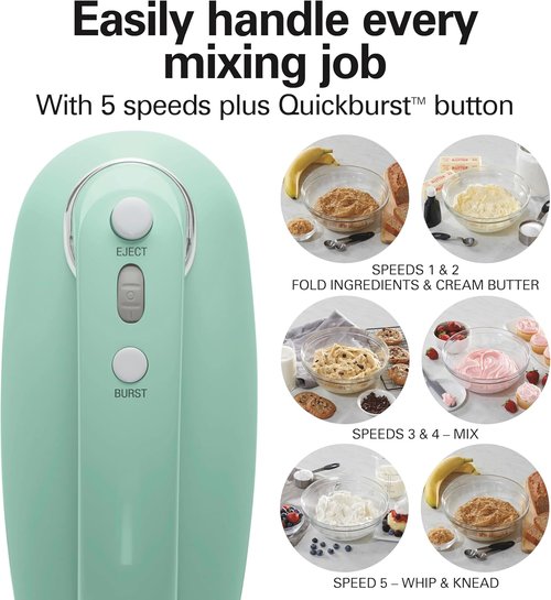 Hamilton Beach Vintage-Style Electric Hand Mixer - Powerful 1.3 Amp Motor, 5-Speed, Green (62601N)