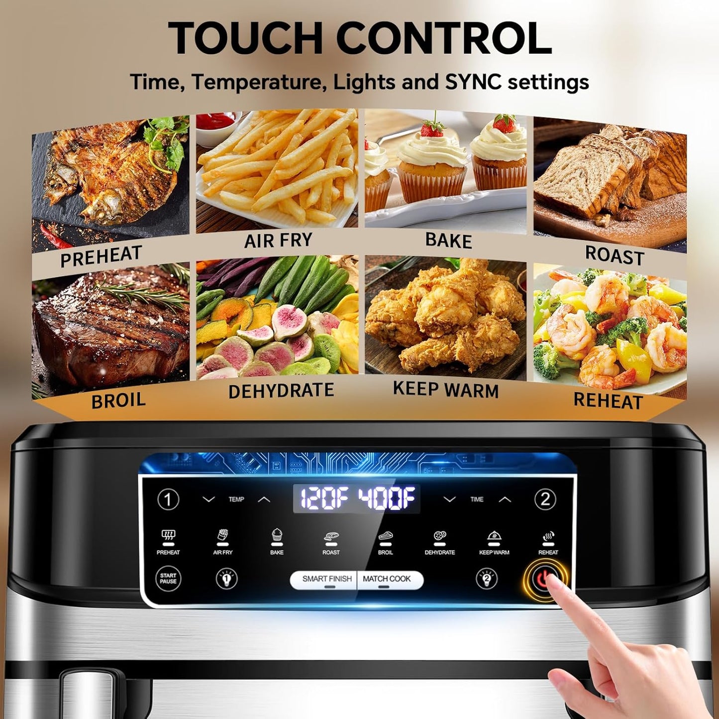 Skiennix 1600W Dual Zone Air Fryer Oven - 12.69QT Nonstick Basket with Smart Finish & Digital Touchscreen