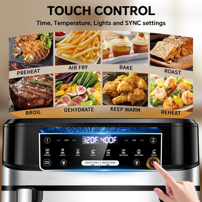 Skiennix 1600W Dual Zone Air Fryer Oven - 12.69QT Nonstick Basket with Smart Finish & Digital Touchscreen