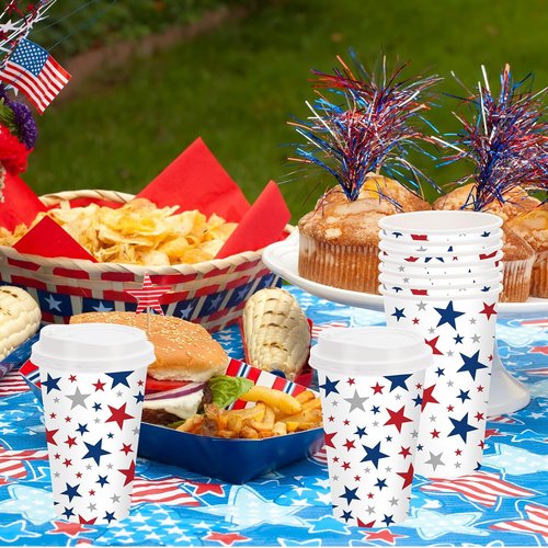 FYSUIMU 50Pcs 16Oz Patriotic Disposable Coffee Cups with Lids - Red & Blue Star Design for 4th of July Celebrations