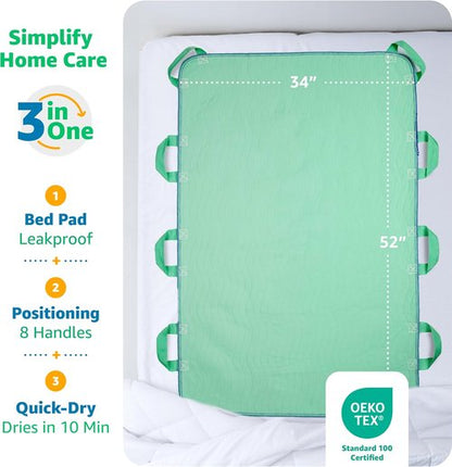 Improvia Bed Pad - Waterproof & Quick-Drying with 8 Reinforced Handles | 34" x 52" for Elderly Care