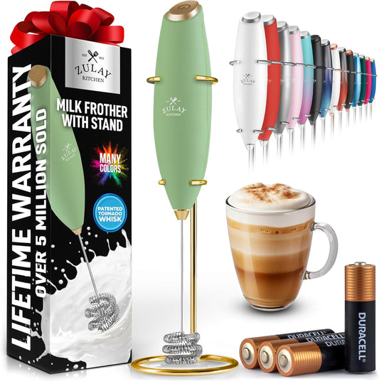 Zulay Kitchen Tornado Triple Whisk Milk Frother - Handheld Foam Maker for Coffee & Lattes - Olive & Gold Finish