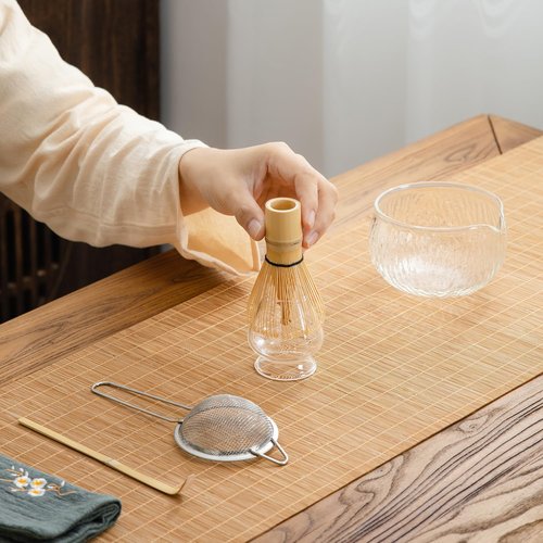 DWEHIXBUY 7Pcs Japanese Matcha Tea Set, Matcha Kit with Matcha Bowl (with Pouring Spout), Matcha Whisk, Whisk Holder, Strainer - Elegant Matcha Set for Gifting, Gift Box Packaging glass