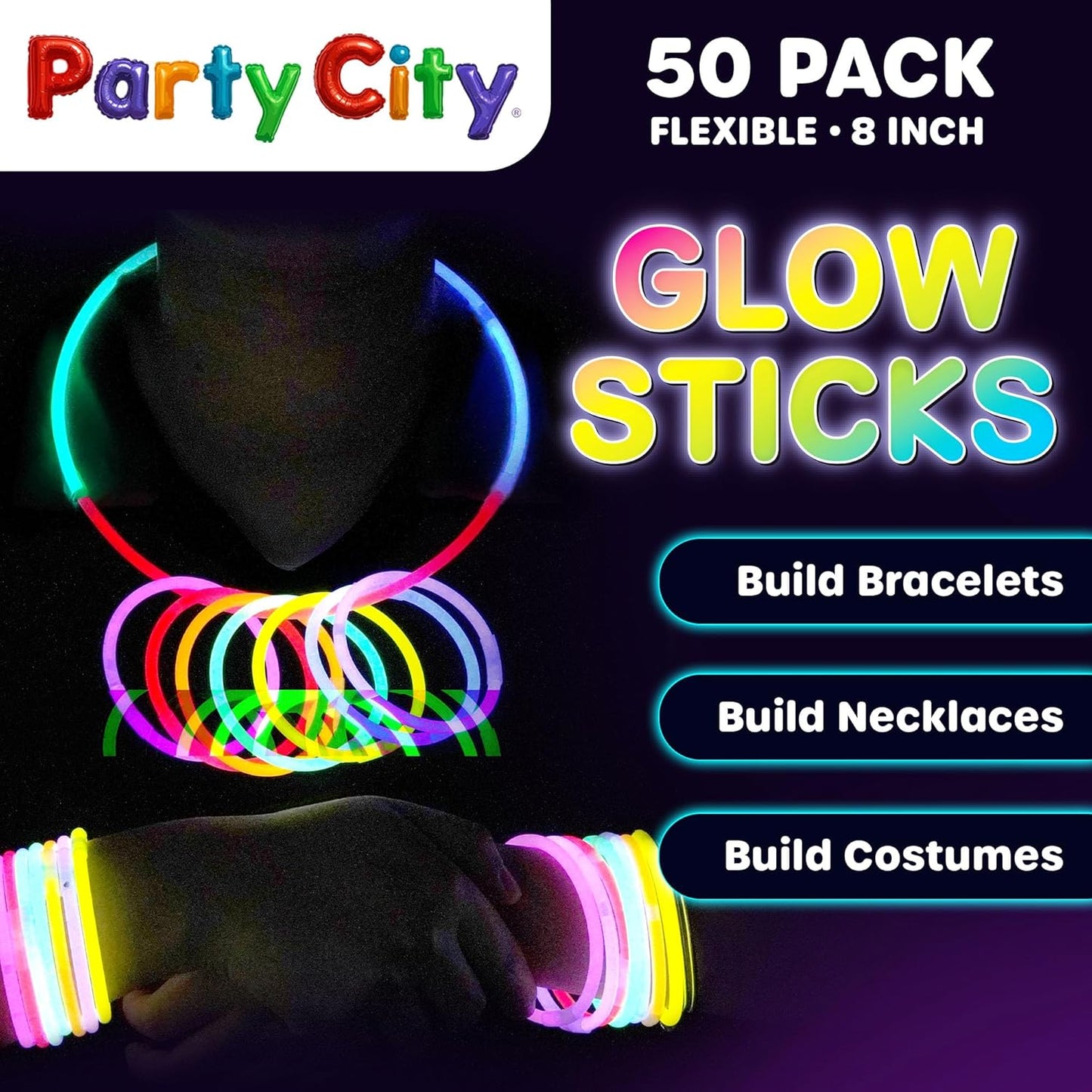 Party City 50 Glow Sticks - Neon Glow in the Dark Party Supplies | Connectors for Bracelets & Necklaces