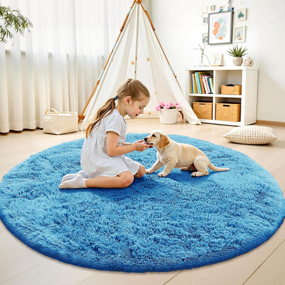 OLANLY Bright Blue Round Rug - Soft, Fluffy, Machine Washable 9 ft Circle Area Rug for Bedroom & Living Room
