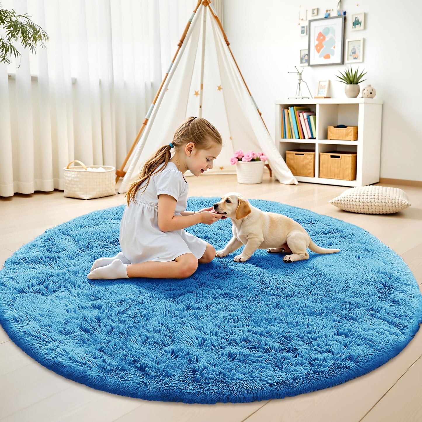 OLANLY Bright Blue Round Rugs for Bedroom - Machine Washable, 8 ft Circle Area Rugs for Living Room, Soft and Fluffy Shaggy Carpet for Teen Girl and Boys, Nursery Rooms, Dorms, Home Decor Aesthetic