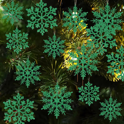 Skiennix Dark Green Christmas Snowflake Ornaments - 36Pcs Glitter Hanging Decor for Holiday Home & Winter Parties