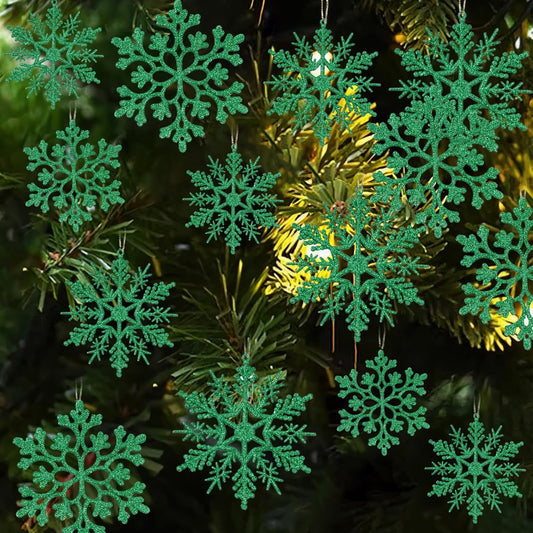 Skiennix Dark Green Christmas Snowflake Ornaments - 36Pcs Glitter Hanging Decor for Holiday Home & Winter Parties