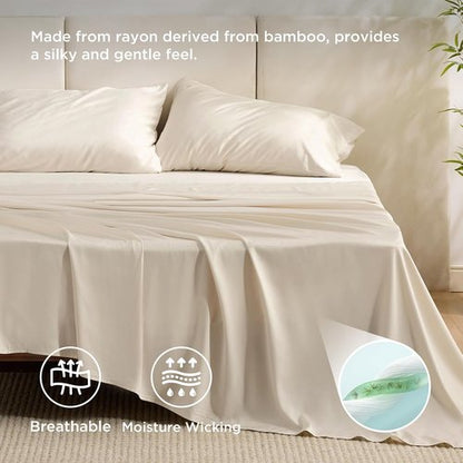 Bedsure Cooling California King Sheet Set - Breathable & Soft Rayon from Bamboo, Deep Pocket, Light Beige