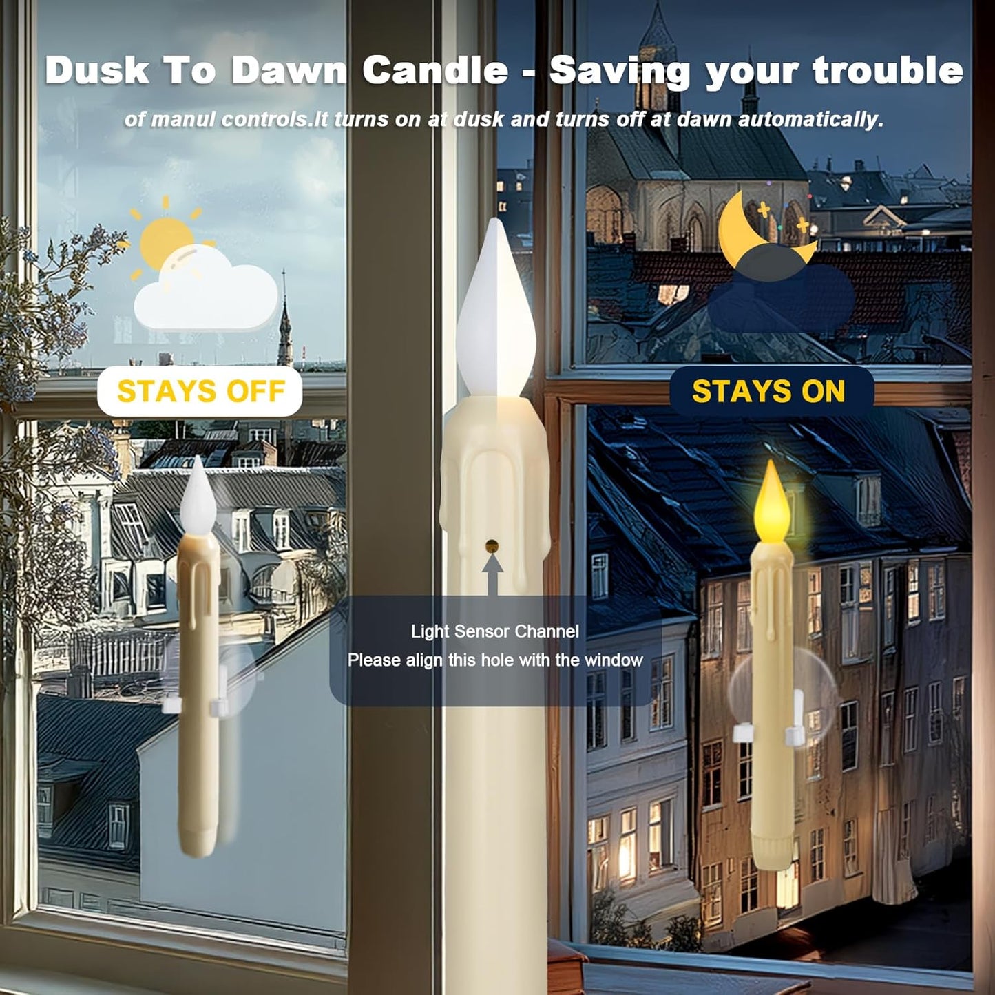 Skiennix 6 Pcs Sensor Window Candles - Flickering LED Lights with Suction Cups | Warm Yellow Glow for Xmas Decor
