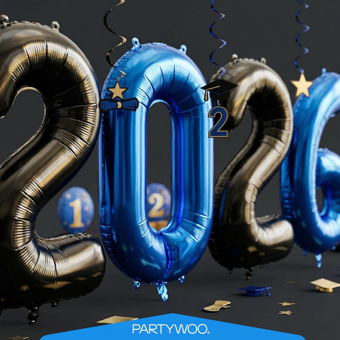 PartyWoo Graduation Balloons - Class of 2026 Foil Number & Mylar Balloons | 12pcs in Black, Blue & Gold