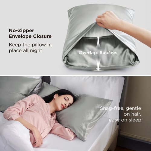 Bedsure Satin Pillowcase, Similar to Silk Pillow Cases Queen Size Set of 2, Cooling Pillow Case Covers with Envelope Closure, Room Decor Gifts for Women Men, Silver Grey, 20x30 Inches, 2pcs