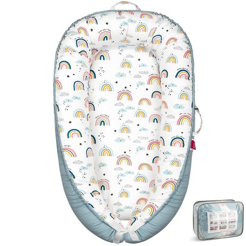 BUTOA Baby Lounger - Soft & Breathable Newborn Nest for 0-24 Months | Portable & Lightweight (Blue-Rainbow)