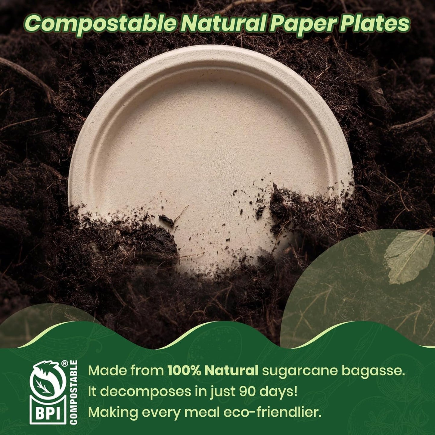Skiennix Heavy Duty Disposable Paper Plates - Soak & Cut Proof Biodegradable Bagasse | 6 Inch, 50 Pack