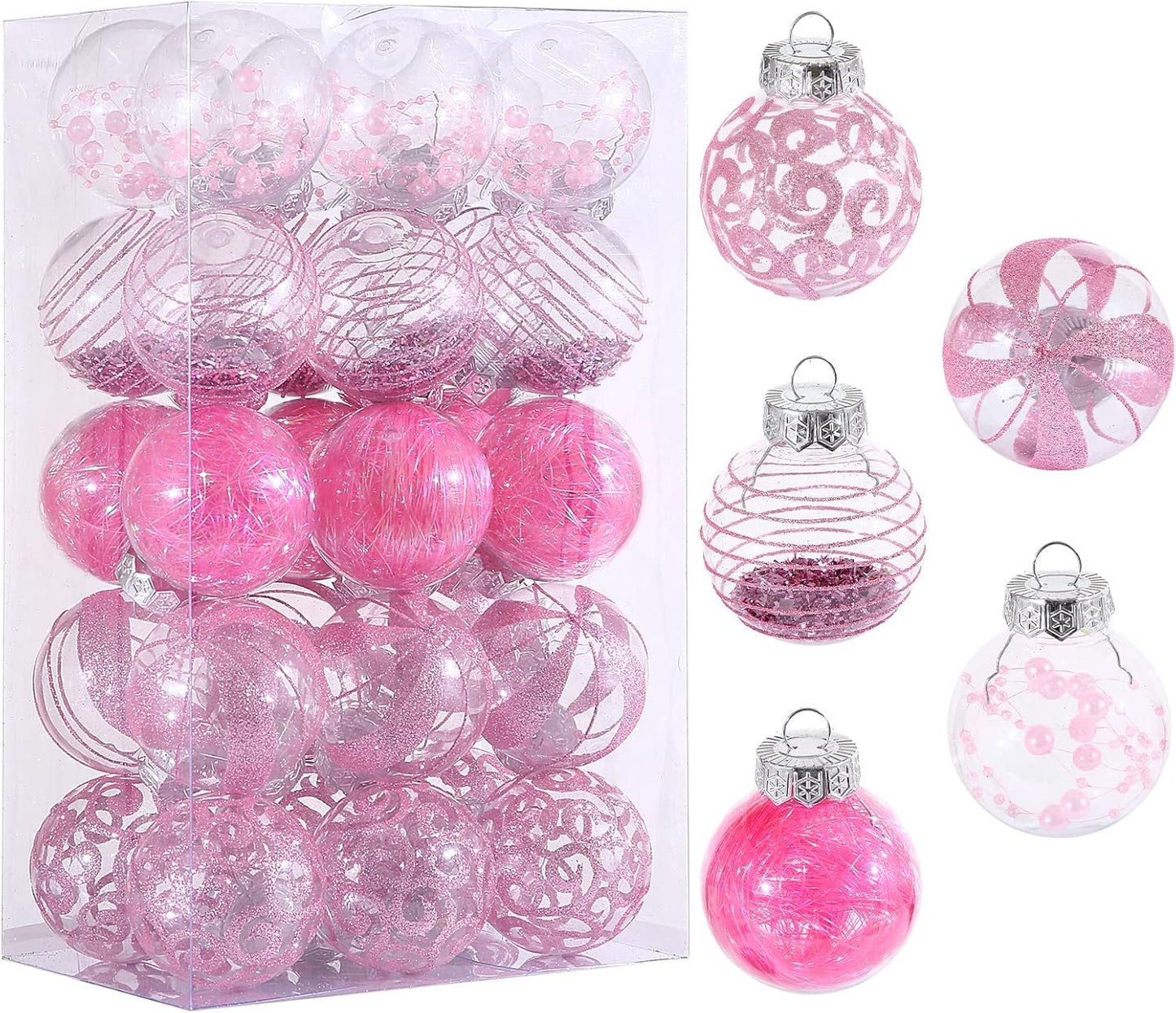 Skiennix 30-Piece Clear Christmas Ornaments Set - Shatterproof Pink Baubles for Holiday Decor