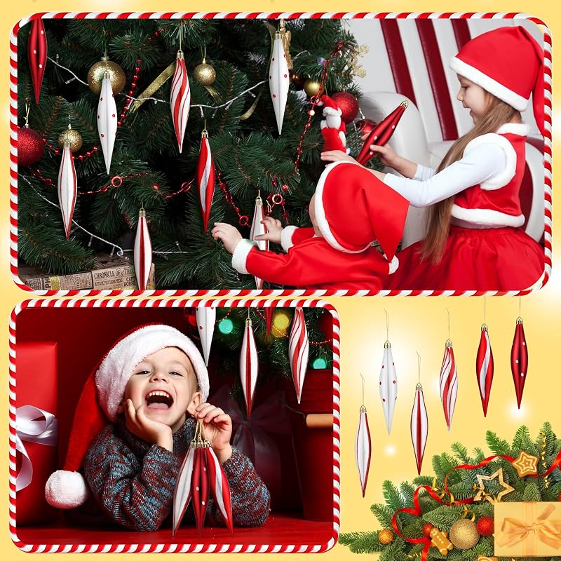 Candy Cane Christmas Ornaments 6" Teardrop 30 Pcs Red & White – Plastic Finial Drops