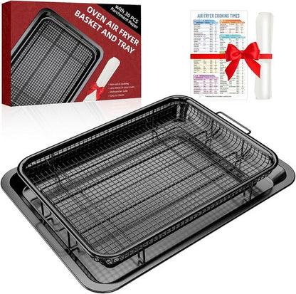 DEGOVIN Air Fryer Pans - Non-Stick Stainless Steel Crisper Tray with Cooking Guide & 30 Parchment Papers | 15.8" x 11" - Black