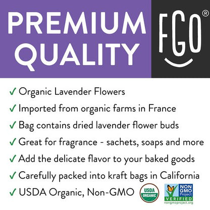 FGO Organic Dried Lavender Flowers, Extra Grade Dried Buds, Imported From France for Culinary or Sachet Bags, 4oz, Packaging May Vary (Pack of 1)