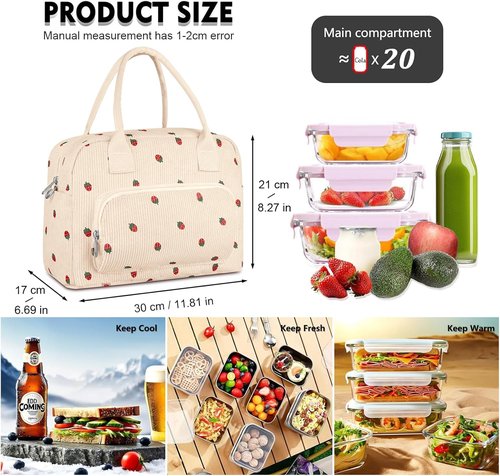FITDON Insulated Lunch Bag - Leakproof Corduroy Cooler Tote for Work & Picnic | Large Beige Strawberry