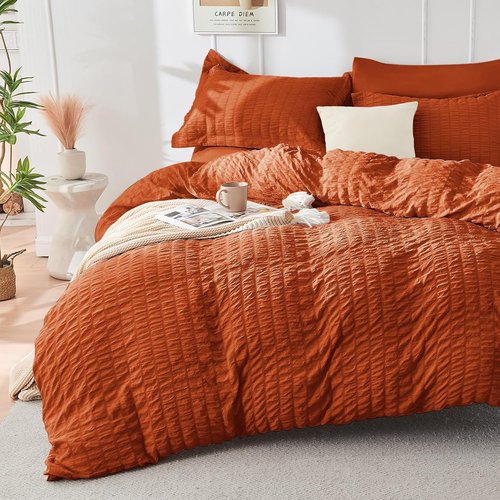 HYMOKEGE California King Comforter Set - Burnt Orange Seersucker 7-Piece Luxury Bedding Set