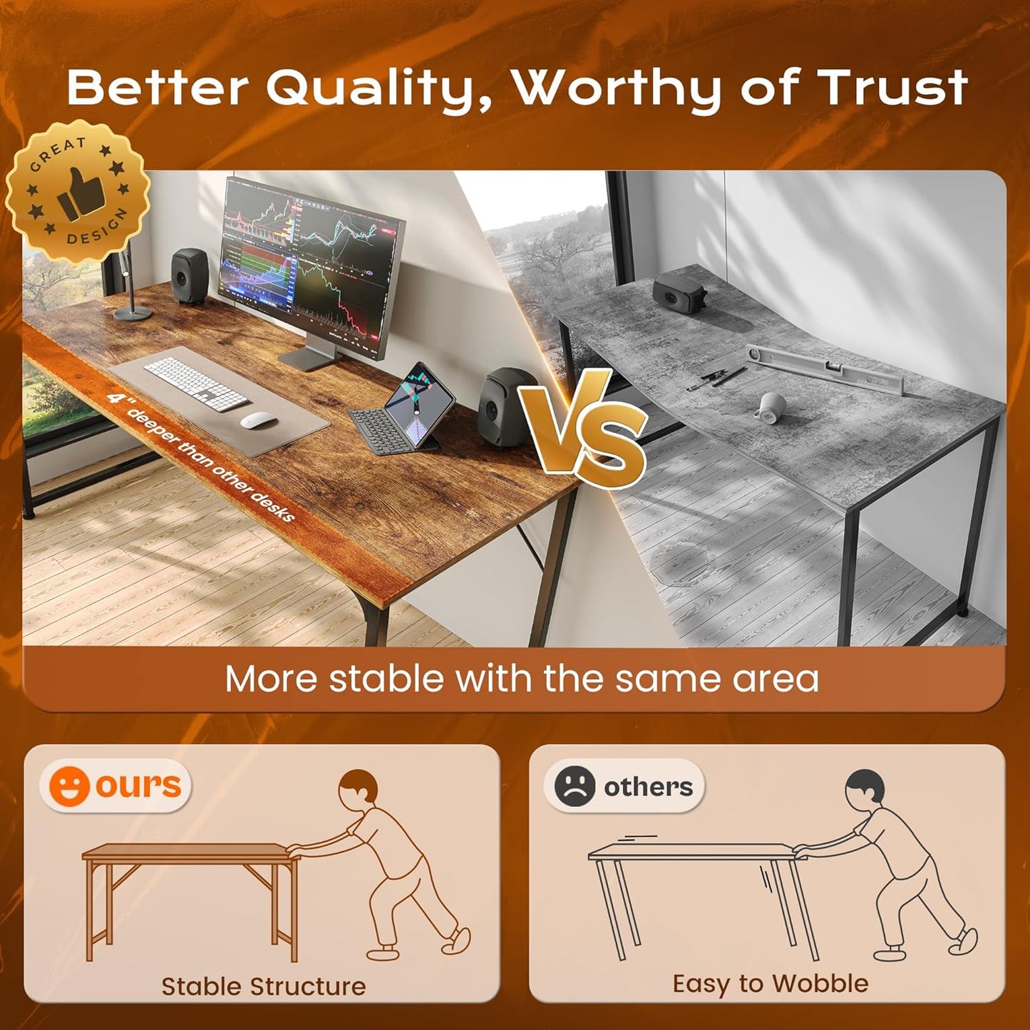 PRAISUN Computer Desk - 47" x 24" Gaming & Office Writing Desk with Rustic Brown Finish